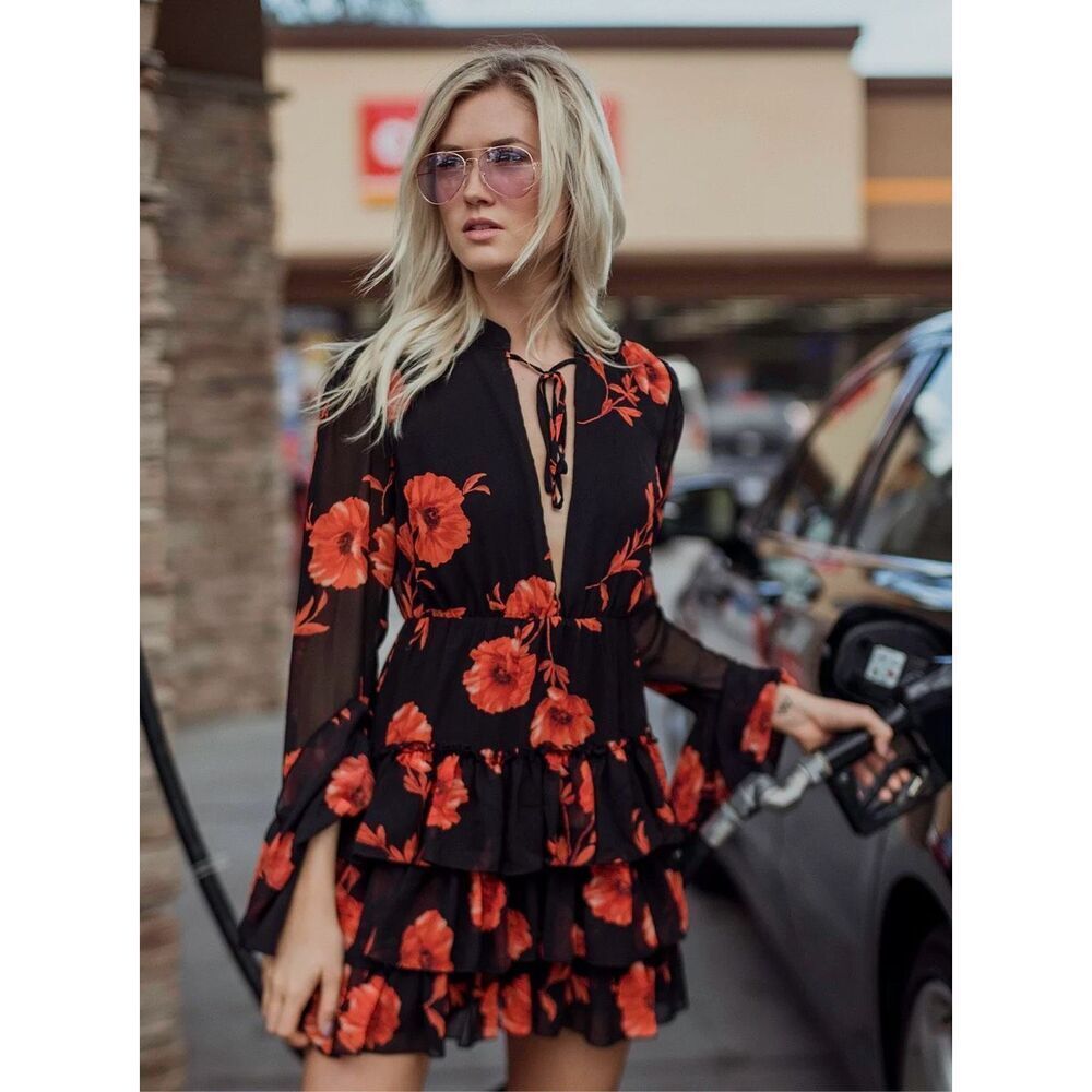 Forever 21 Black Red Floral Tiered Ruffle Mini Dress Small
